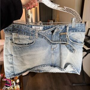 Guizio Light Wash Denim Mini Skirt with Studded Belt